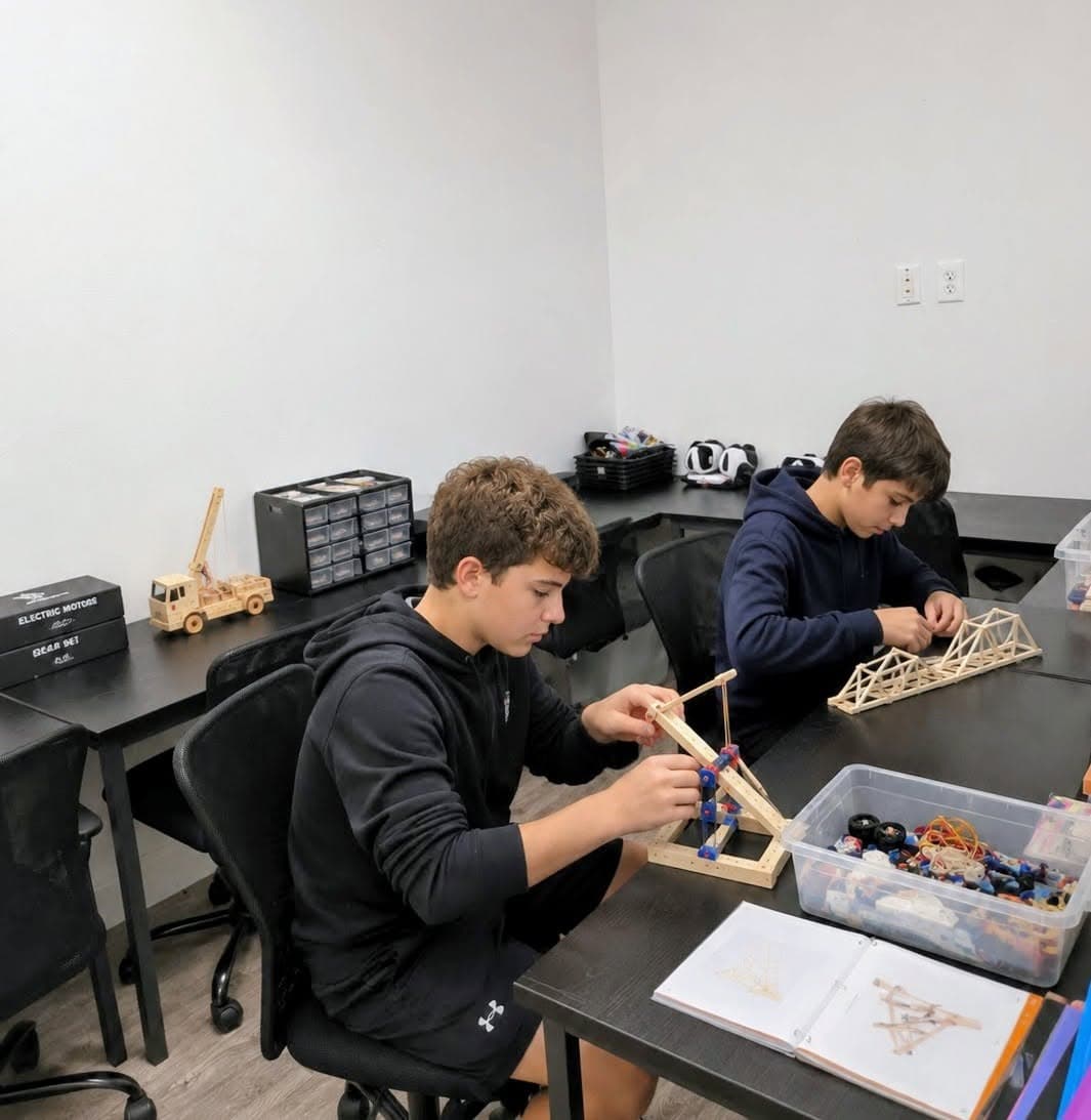 Two students at a workbench building a wooden catapult and a bridge structure from wood and rubber bands, following a diagram in an open workbook.